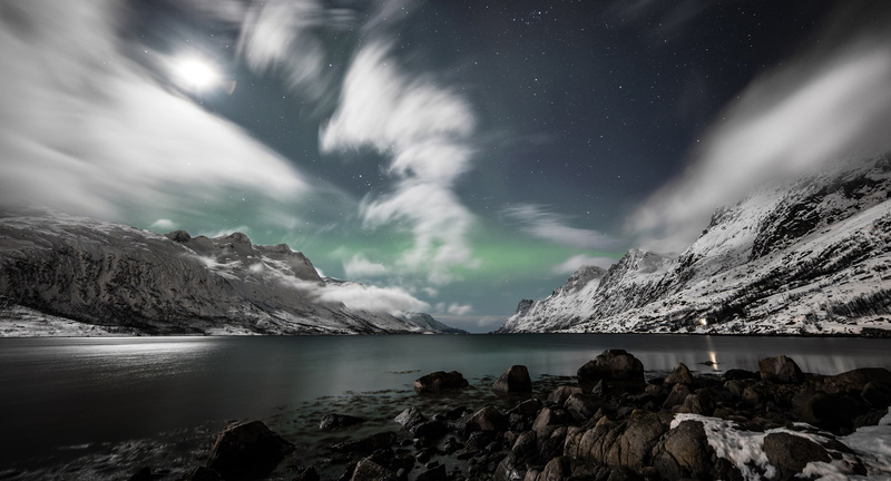 1080P, the fjord, Northern lights, Ersfjorden, Ersfjordbotn, mountains, Norway