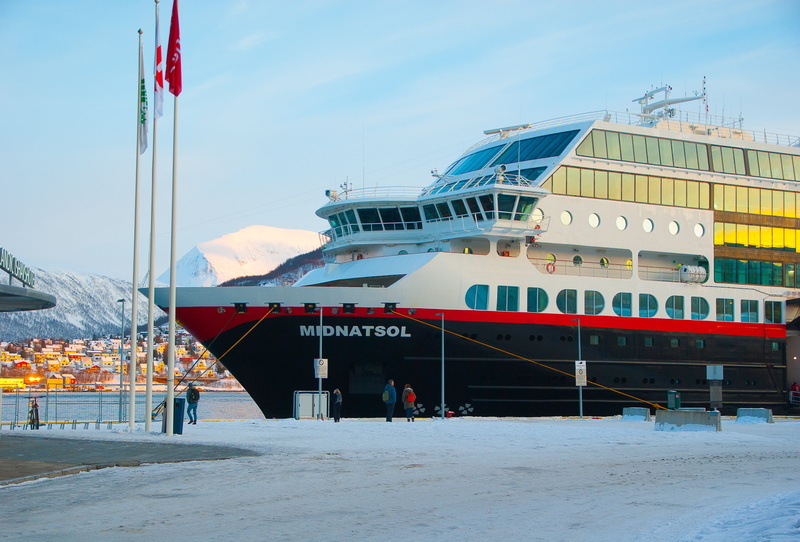 building exterior, built structure, flag, mode of transportation, 2K, incidental people, cruise ship, transportation, port, city, architecture, snow, tromso