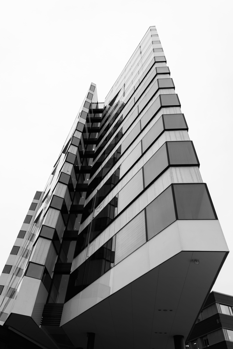 town, tall - high, edges, high, sky, clarion, apartment building, office building, black and white, day, architecture, hotel, no people, norway, tromsø
