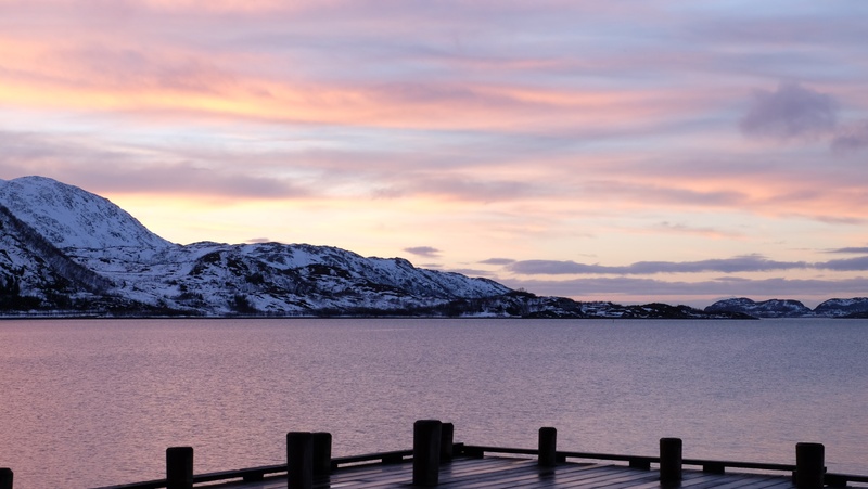 landscape, scenics - nature, 4K, nature, water, sunset, mountain, winter, view, railing, tromso, sky, lake, tranquil scene, cloud - sky, outdoors, cold temperature