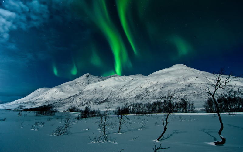aurora polaris, hd, norway, phenomenon, borealis, scenics - nature, snowcapped mountain, idyllic, tranquil scene, scenery, snow, green color