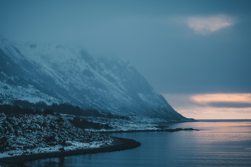 teal, winter, no people, scenics - nature, glacier, foggy, fog, sea, near, non-urban scene, mountain, snow, eye, cold, norway, beside, outdoors, orange