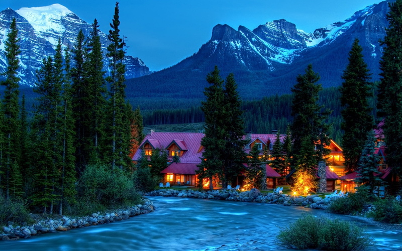 landscapes, forests, 1080P, nature, trees, view, hdr, bright, mountians, evening, night, buildings, architecture, window, resort, peaks, scenic, rivers