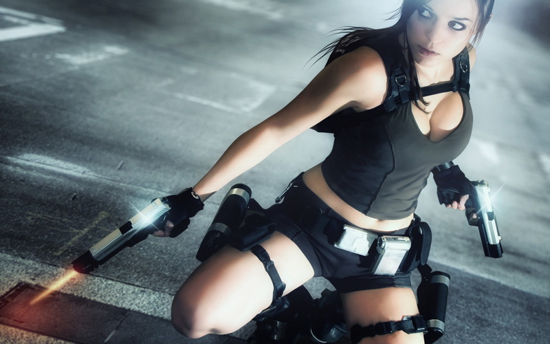 cosplay, girls-women-tr-lara, 1080P, croft-pistols-shot