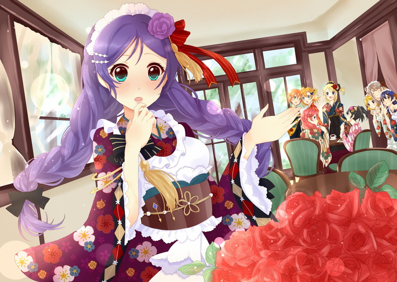 yellow eyes, smiling, purple hair, Side ponytail, hair bows, redhead, artwork, brunette, roses, anime girls, twintails, table, 1080P, flower in hair, red eyes