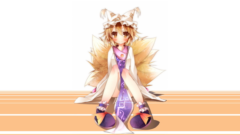 touhou, ran, hair, fox, anime, yakumo, blush, blondes, photoshop, girls, eyes, short, orange, tails, dress, 2K, brown, hats
