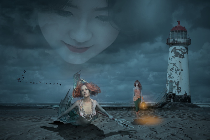 built structure, land, human representation, sea, sky, mermaid, magic, gothic, fantasy, dusk, cloud - sky, people, mystic, 2K, nature, surreal, dream