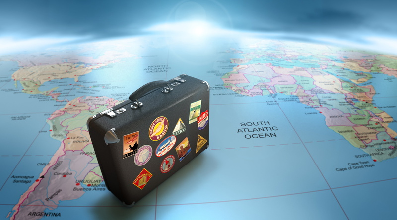 high angle view, globe, text, briefcase, exploration, direction, leather, close-up, map, journey, travel, physical geography, world, multi colored