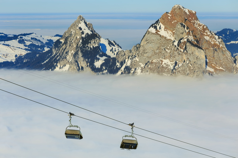 schwyz, cable, cliff, transportation, sea of fog, connection, environment, dusk, outdoors, ropeway, grosser mythen, wintertime, alpine, sea, beauty in nature