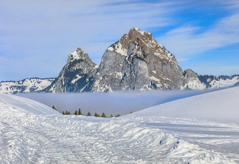 non-urban scene, schwyz, beauty in nature, sea of fog, winter, kleiner mythen, tranquil scene, snowcapped mountain, fog, covering, day, view, peak, cold temperature