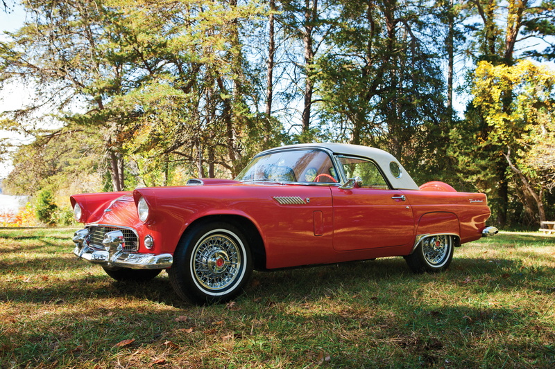 land vehicle, 4K, red cars, stationary, plant, motor vehicle, green color, no people, Oldtimer, travel, outdoors, Thunderbird, vintage car, 1956 (Year)