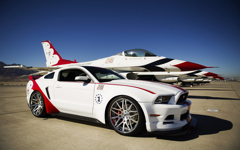 General Dynamics F-16 Fighting Falcon, car, thunderbirds, Ford Mustang, 1080P, Ford