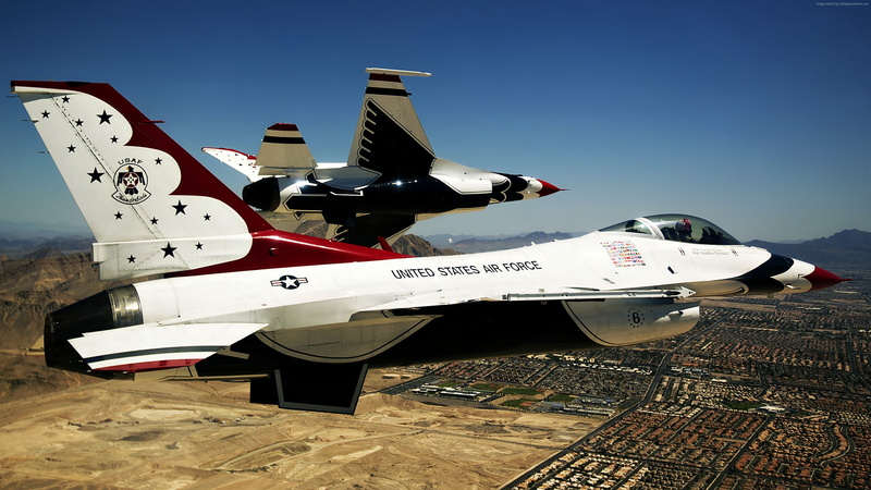 Thunderbird f-16, fighter aircraft, U.S. Airforce, 4K