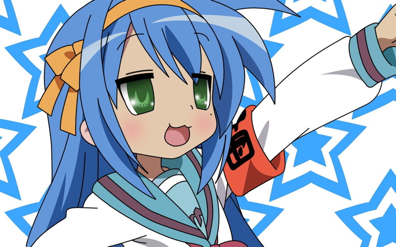 blue hair, multi colored, day, sign, sky, Lucky Star, no people, representation, communication, blue, western script, Izumi Konata, pattern, indoors, sunlight