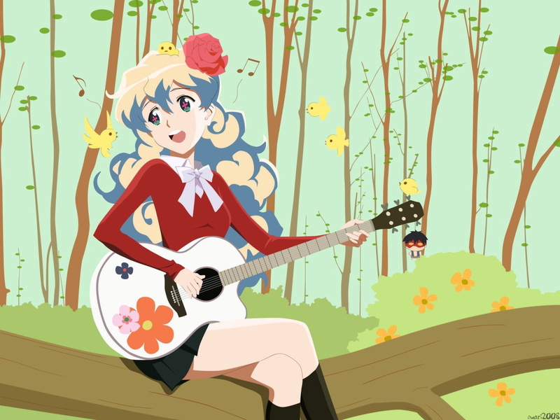 representation, teenage Girls, music, cartoon, one person, birds, flower, backgrounds, string instrument, key ring, illustration, lifestyles, art, nature