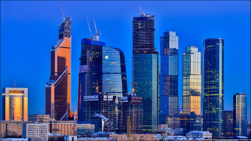 Moscow, Sunset, Tower 2000, Federation, The sky, night, View, Moscow-City, Winter, OKO, 1080P, Naberezhnaya tower, Mercury City Tower, Eurasia, Capital