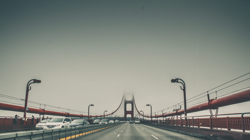 outdoors, built structure, road, bridge - man made structure, multiple lane highway, connection, direction, the way forward, golden gate bridge, street light