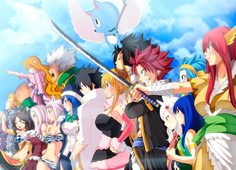 Gajeel Redfox, Elfman Strauss, Anime, animal representation, nature, festival, Charles (Fairy Tail), Happy (Fairy Tail), Natsu Dragneel, cloud - sky, Cana Alberona