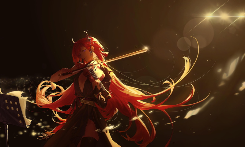 Surtr (Arknights), 5K, redhead, horns, video games, long hair, video game characters, Arknights, violin