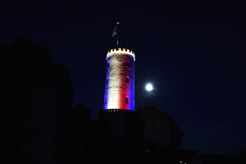 Night, guidance, illuminated, low angle view, security, architecture, places of interest, Bielefeld, building, lighthouse, battlements, tall - high, no people