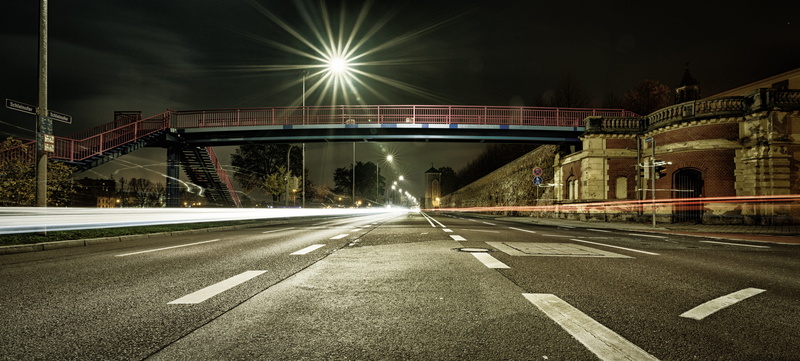 street light, marking, urban, road, germany, light trail, direction, street, built structure, bridge, saxony-anhalt, city street, magdeburg, night, lens flare