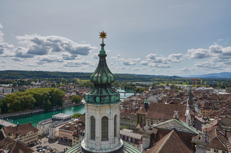 sky, building exterior, copper, built structure, church, nature, view, summer, the past, old town, capital, 5K, roof, solothurn, religion, place of worship