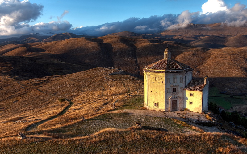 art, Abruzzo, Fields, italian, Italy, 1080P, mountains, hd, Church, nature