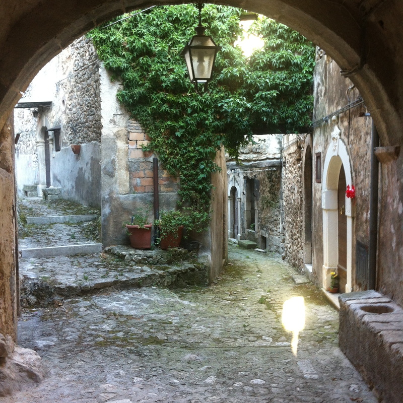 plant, nature, old, medieval, electric lamp, street, europe, arch, navelli, abruzzo, lighting equipment, narrow, built structure, town, water, no people