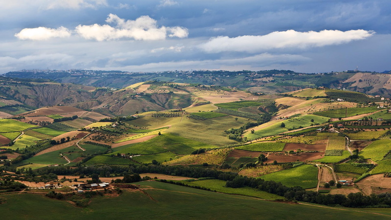 abruzzo, nature and landscapes, fields, aerial, clouds, hills, 1080P, farms, view, around