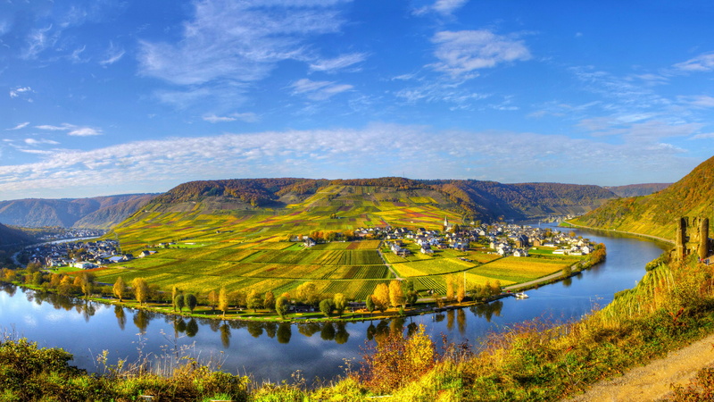 cruises, field, white, sky, river, small, poltersdorf, nature, clouds, moselle, landscape, 4K, town, fields, ellenz