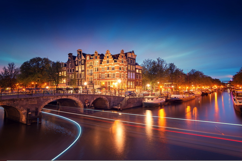 Holland, Amsterdam, light, trees, river, bridge, channel, Nederland, lighting, lights, Noord-Holland, excerpt, 1080P, the city, the evening, boats, Netherlands