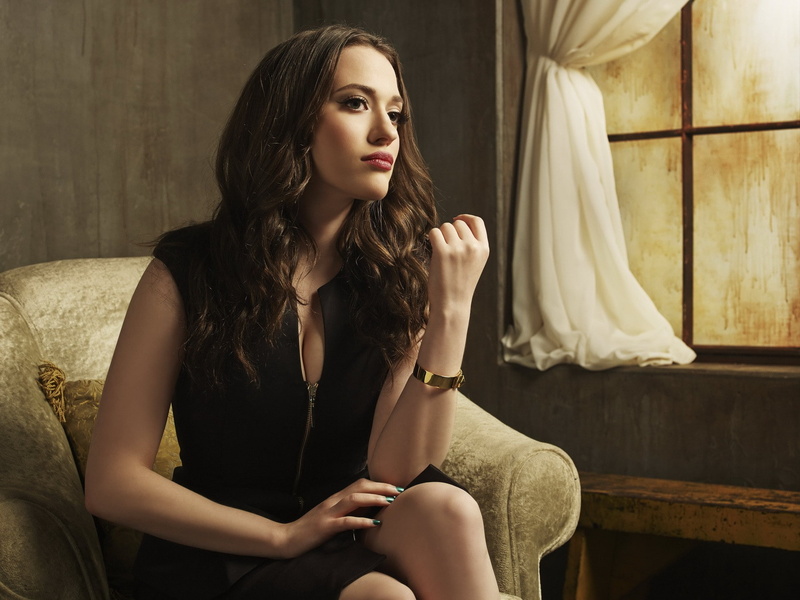 red lipstick, 1080P, actress, black dress, sitting, glamour women, women, Kat Dennings, looking into the distance, brunette