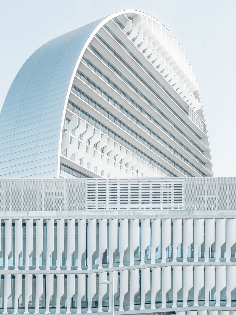 sky, white, railing, circle, building, blue, skyscraper, design, no people, pattern, spain, madrid, concrete, modern, line, half, clean, geometry, silver colored