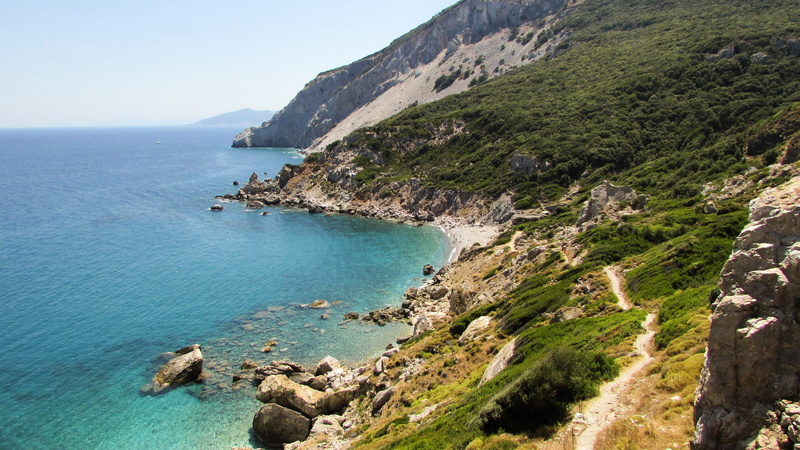 day, mountain, rock - object, skiathos, nature, summer, plant, blue, cliffs, travel destinations, tranquil scene, outdoors, sporades, land, 4K, horizon over water