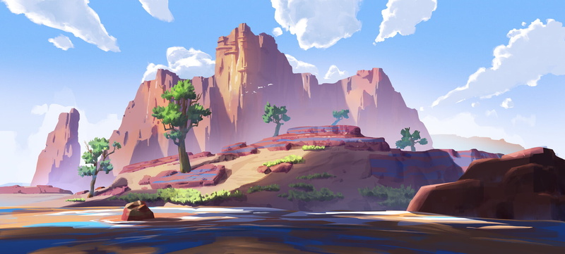 1080P, Aze K, desert, mesa, landscape, trees, digital art, clouds
