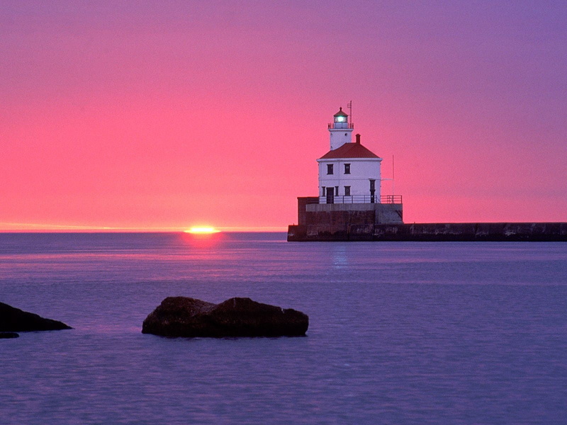coast, 720P, purple sky, sunset, sea, lighthouse