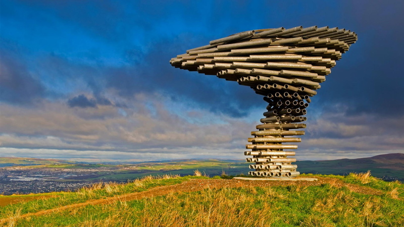 clouds, UK, grass, scenics - nature, sculpture, nature, day, hills, spiral, pipes, gray, travel destinations, town, artwork, architecture, container, field