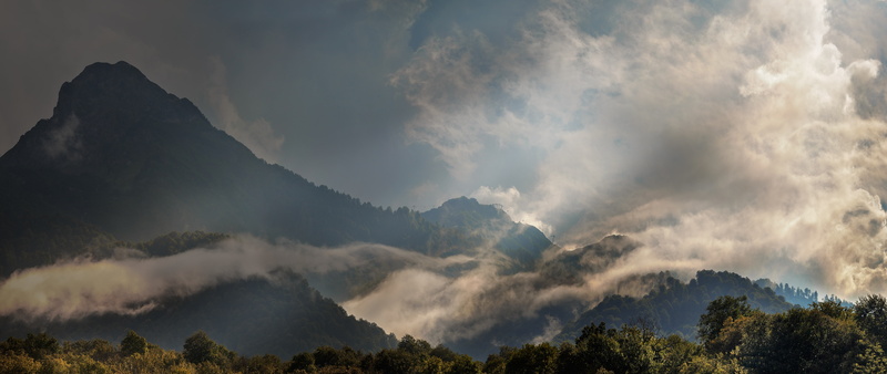 cloud - sky, fog, tree, mountain, mountain range, clouds, nature, mountain peak, Caucasus Mountains, landscape, ominous, no people, pine tree, sunbeam