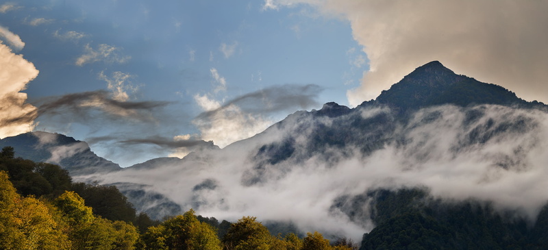 environment, landscape, clouds, sky, fog, Caucasus Mountains, beauty in nature, outdoors, above, non-urban scene, land, 2K, mist, scenics - nature, cloud - sky