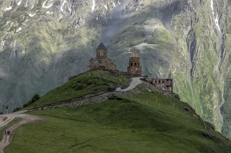 plant, stepantsminda, monastery, mtianeti, place of worship, on top, scenic, tourism, outdoors, concrete, brown, architecture, landscape, travel, caucasus