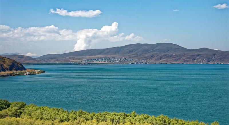 landscape, no people, sky, 8K, sea, land, tranquility, day, mountains, armenia, lake, blue, turquoise colored, outdoors, mountain range, panorama, tranquil scene