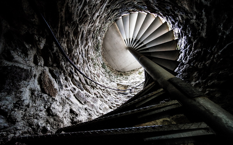stairs, stone wall, metal, staircase, stones, 2K, worms eye view