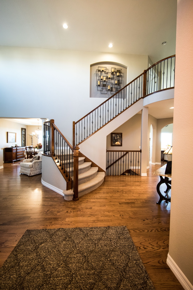 inside, 5K, architecture, home showcase interior, modern, house, interior, downstairs, area, railing, staircase, lighting equipment, wooden flooring, illuminated