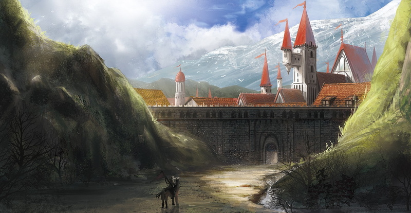 birds, 720P, wall, horse, sky, knight, clouds, castle, artwork, fantasy art, mountains