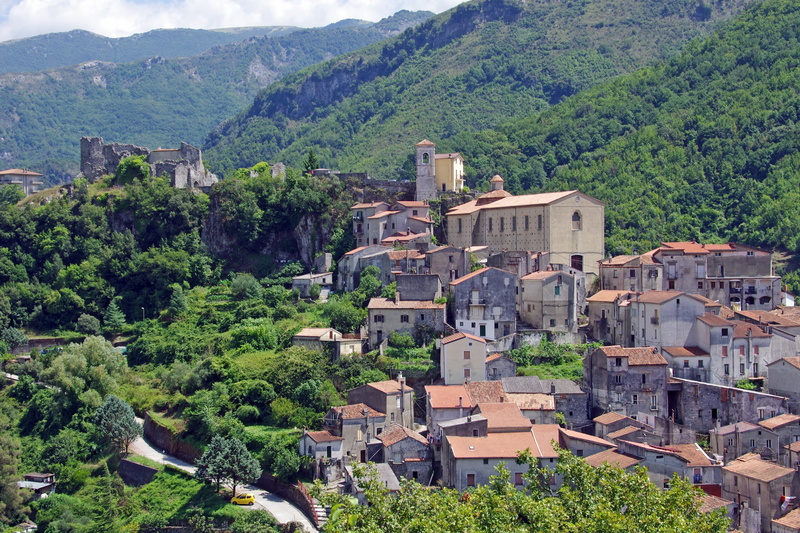 plant, borgo, pollino, high angle view, land, village, outdoors, built structure, green color, mountain, tree, town, day, townscape, papasidero, building