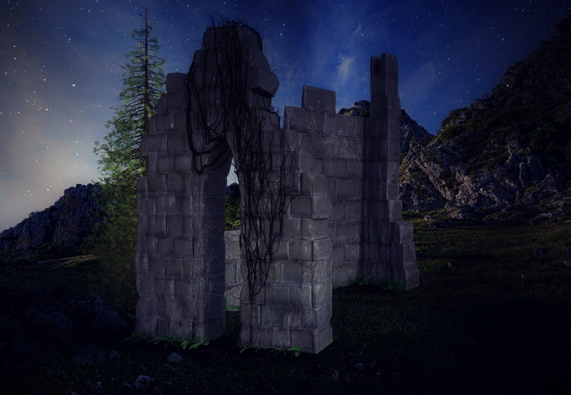 cemetery, the past, old, landscape, fairy tales, monument, spooky, mountains, brick, religion, fairytale, ruin, spirituality, plant, cloud - sky, star - space