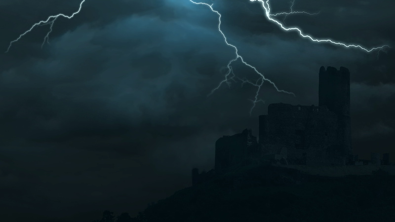 silhouette, sky, weather, horror, thunder, power, burgruine, forked lightning, fog, outdoors, dramatic sky, dark, nature, storm cloud, building exterior