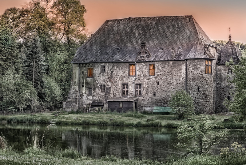 waterfront, wall, tree, day, romantic, plant, nature, surrounded, old, tranquility, lake, outdoors, scenics - nature, slate roof, krayerhof, tower, 2K