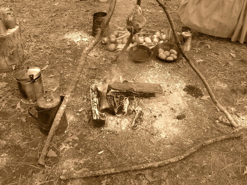 table, dirt, work tool, camp, hand tool, fire, no people, day, outdoors, abandoned, messy, wood - material, high angle view, sepia, civil war, 2K, field