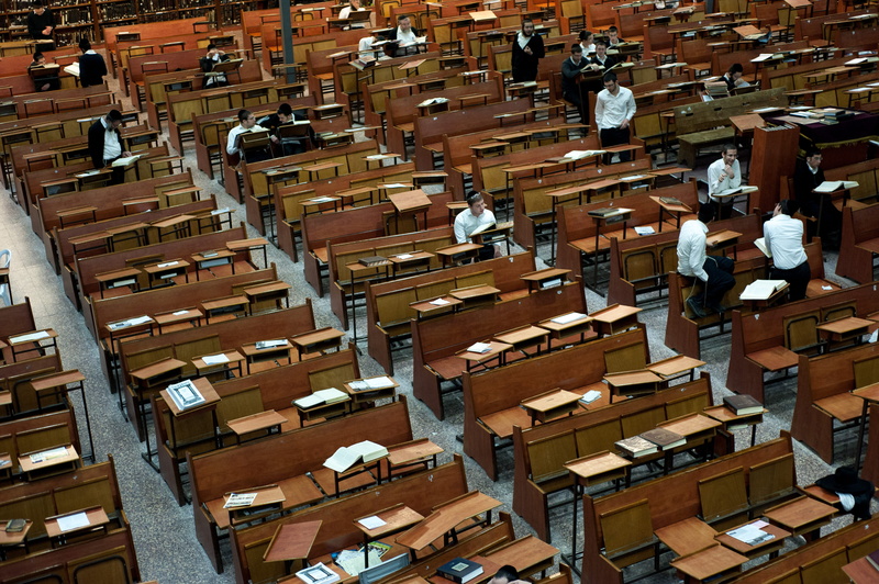high angle view, book, indoors, religion, religious, seat, chair, learning, building, brown, students, built structure, spirituality, jewish, high, jews